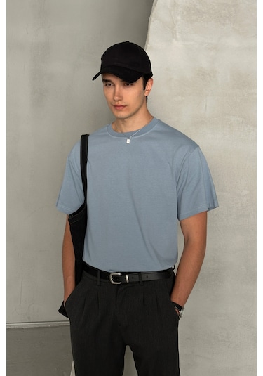 Hyman Erkek %100 Pamuk Oversize Basic T-shirt Açık Mavi