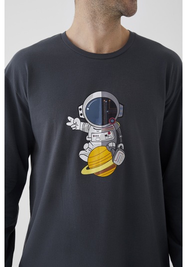 Erkek Pamuklu Uzun Kollu Üst Astronot Baskılı Alt Çizgili Pijama Takımı Ke30106 Gri - Beyaz