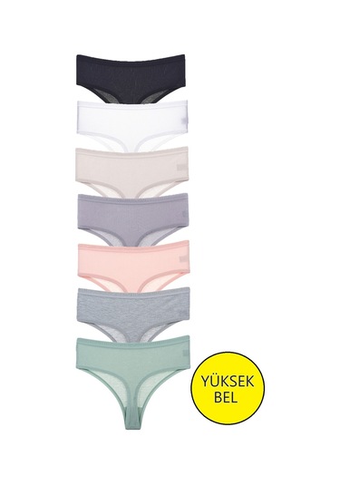 Vanilya Yüksek Bel Tanga 7'li Paket Çok Renkli