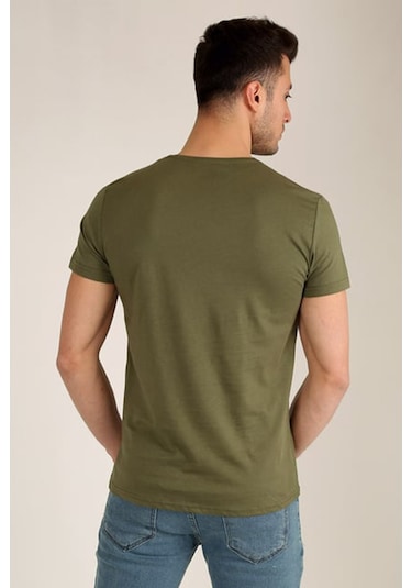 Erkek Haki Slim Fit Bisiklet Yaka Basic T-shirt Haki