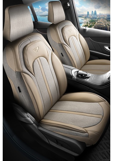 Bej - Bej Panda Sevılla Serısı Keten Kumaş Oto Koltuk Kılıfı - Tam Set