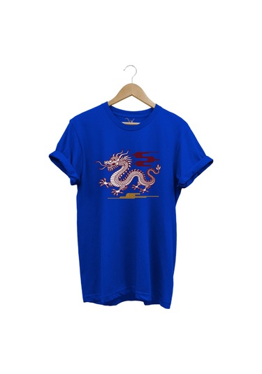 Mitolojik Asya Çin Ejderha Baskılı %100 Pamuk Regular Fit Bisiklet Yaka Mavi T-shirt Mavi