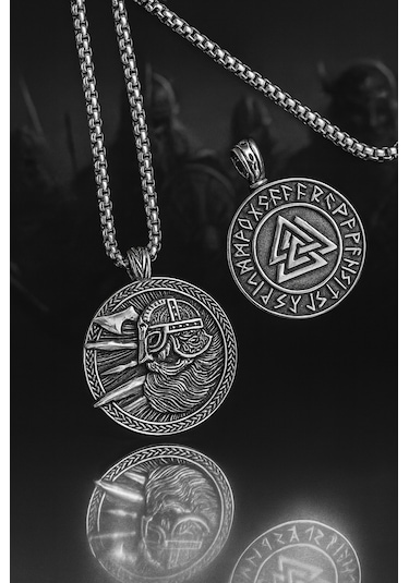 Paslanmaz Çelik 2 Li Viking Kolye Seti Valknut Ve Savaşçı Sembolü Erkek Kolye Gümüş