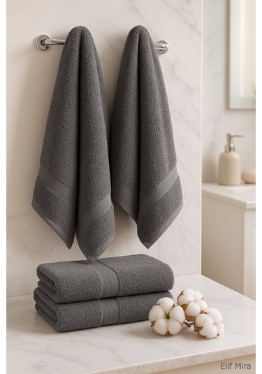 4 Lü Banyo Havlusu Seti %100 Pamuklu 70x140 Cm Pleasure Antrasit-Antrasit