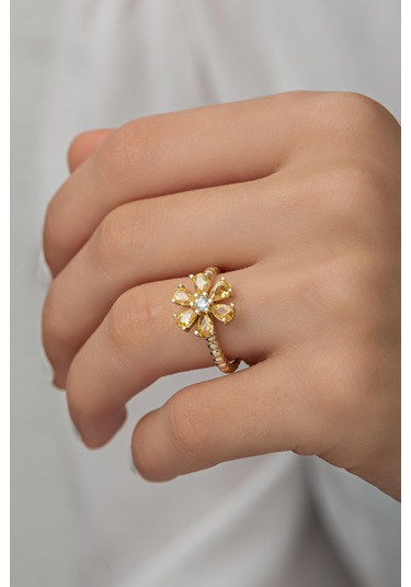 Ayarlanabilir Sarı Zirkon Taşlı Kamelya Çiçeği Yüzük Altın