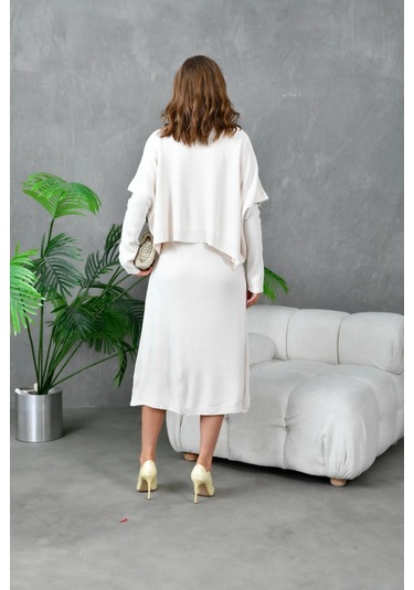 Kadın Dik Yaka Kısa Kol Kazak Uzun Elbise İkili Triko Takım Taş