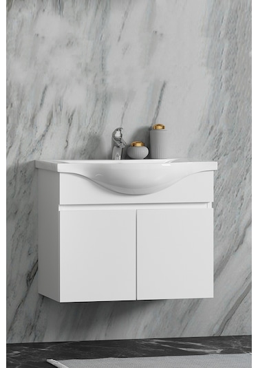 Yıldız 75 Cm Beyaz Mdf Seramik Lavabolu Asma Banyo Alt Dolabı Beyaz