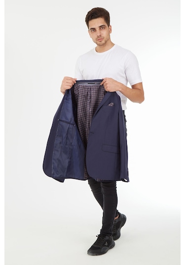 Sposo G-210 Dar Kalıp Desenli Lacivert Erkek Blazer Ceket Lacivert