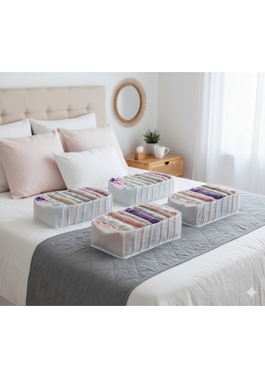 4'lü Organizer L Akordiyon L Boy 8 Bölmeli Çok Amaçlı Dolap Içi Ve Çekmece Içi Düzenleyici Cepli Beyaz