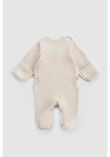 Ters Dikişli Organik Pamuk Ekru Prematüre Kruvaze Patikli Tulum Ekru