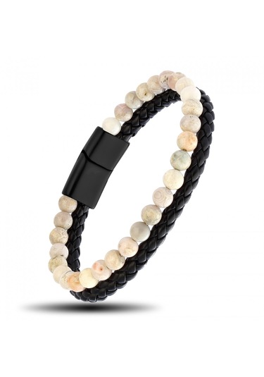Akik Doğaltaş Doğal Deri Ve Çelik Erkek Bileklik Csr2220080 Siyah - Beyaz