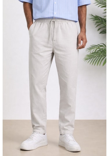 Tarz Cool Erkek Yazlık Keten Karışımı Relaxed Pantolon Bej