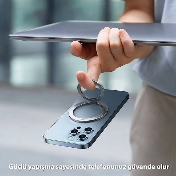 Lemestar Baseus Metalik Çift Katlı Manyetik Parmak İşi Tutucu - Cep Telefonu Masaüstü Destekleyici, Ince, Kolay Saklanabilir, Gümüş Renk
