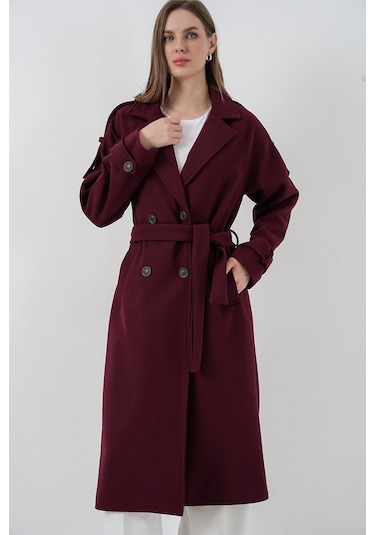 Kadın Kuşaklı Kaşe Kaban 9161 - Bordo Bordo