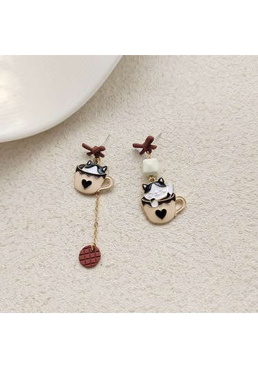 Skycity Asimetrik Kedi Ve Bardak Tasarımlı Şık Küpeler - Benzersiz Tarz İfadesi Diğer Çok Renkli