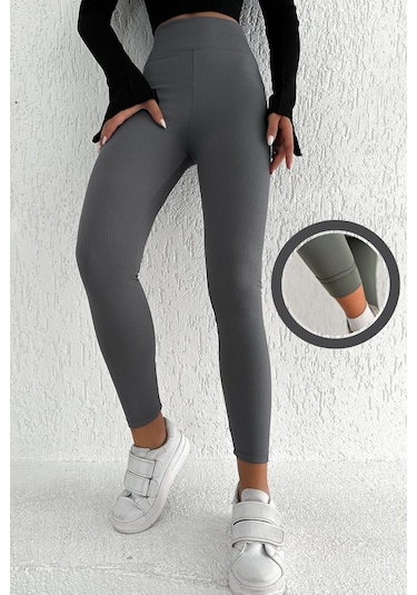 Kadın Içi Polarlı Fitilli Yüksek Bel Toparlayıcı Tayt Gri