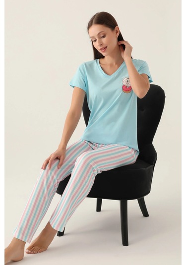 Arnetta 2888 Pamuklu Kısa Kol Kadın Pijama Takımı Açık Mavi