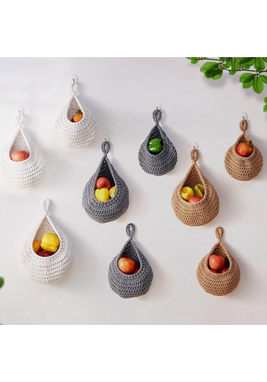 Xurunkeji Mutfak İçin Duvara Asılan Meyve Sepetleri 3'lü Paket Dokuma Ürün Tutucu Sebze Askılı Sepet A Gri