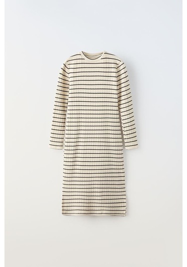 Çizgili Kız Çocuk Uzun Elbise KREM