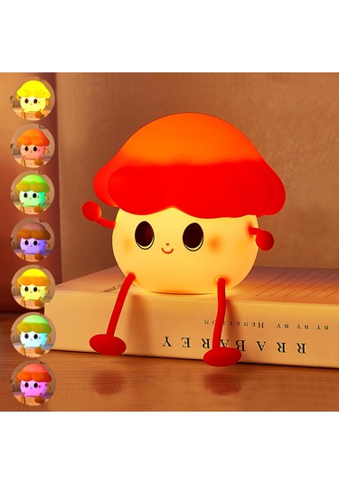 Çocuklar İçin Mantar Gece Işığı, Sevimli Silikon Gece Işığı, 7 Ayarlanabilir Renk Solunum Mantar Lambası Düz