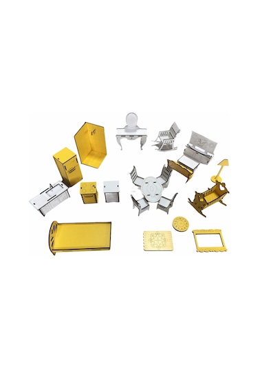 Ahşap Oyun Evi 60Cm 14 Eşya Sarı Led Işıklı