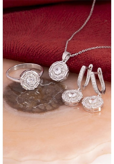 925 Ayar Gümüş Rodyumlu Baget Geçişli Zirkon Taşlı Bayan Takı Seti -8242 Gümüş