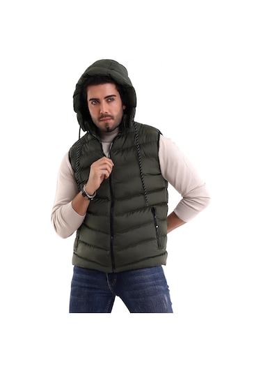 Everest Jel Dolgu Çıkartılabilen Fermuarlı Kapüşonlu Erkek Şişme Yelek Haki
