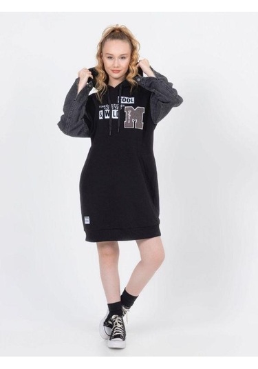 Kız Çocuk Kapüşonlu Kolları Kot Sweat Elbise-13452-siyah Siyah