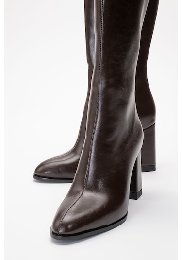 Decer Kahverengi Cilt Kadın Topuklu Çizme Kahverengi Deri