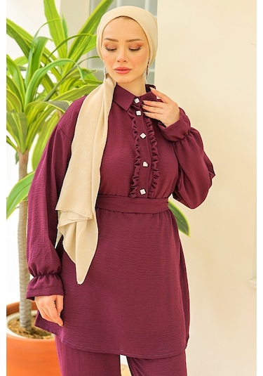 Fırfır Yaka Tunik Pantolon İkili Takım 930 - Mürdüm