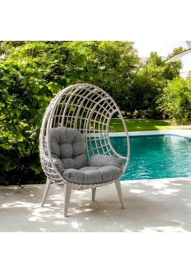 Egg Chair Tekli Rattan Bahçe Koluğu Rehome Minderli Oval Lounge Beyaz