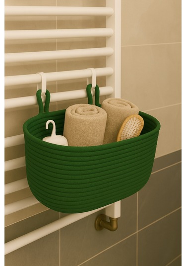 Dekoratif Askılı Banyo Sepeti 18 40 16 Cm Saklama Ve Düzenleyici Hasır Jüt Sepet Organizer El İşi Yeşil