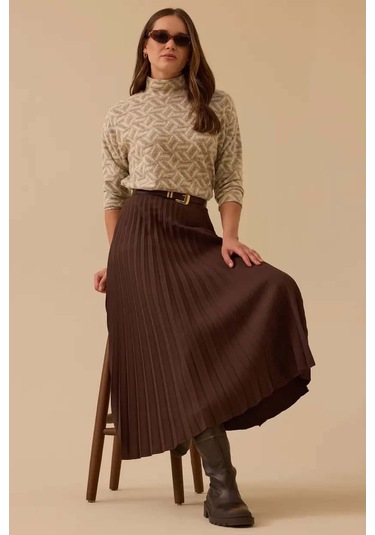 Kadın Esnek Bel Pliseli Basic Etek - Kahverengi Kahverengi