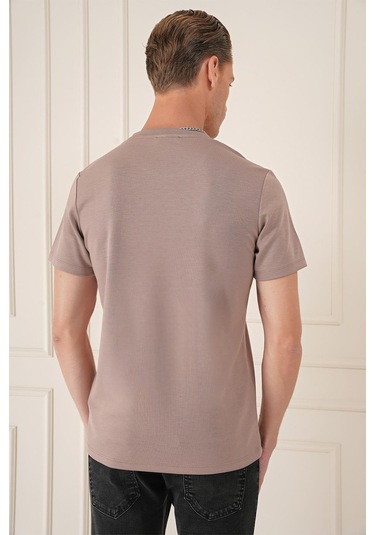 Comfort Fit Bisiklet Yaka Esnek Pamuk Casual Koyu Bej Tişört Ts 885 Bej