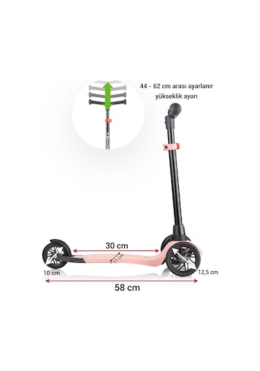 Wellgro Turbo 3 Tekerli Yükseklik Ayarlı Scooter, Pembe Pembe