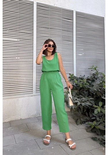 Yeşil İthal Müslin Kumaş, Basic, Katlı, Salaş Askılı Bluz & Atlet Yeşil
