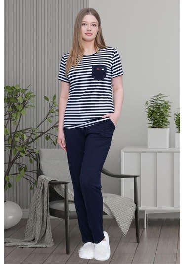 Mecit 6202 Bayan Lacivert Çizgili Büyük Beden Pijama Takımı Lacivert