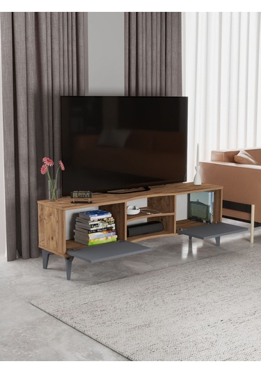 Tv Sehpası Tv Ünitesi Vera Atlantik Çam Antrasit Çizgili 5051 Kahverengi