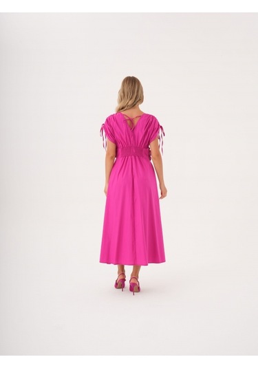Kadın Bel Detaylı Kısa Kollu Elbise Çiçek Aplikeli, Büzgü Ve Bağcık Detaylı, %100 Pamuk Fuşya