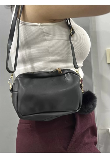Biçomi Ponpon Siyah Cilt Çanta Siyah