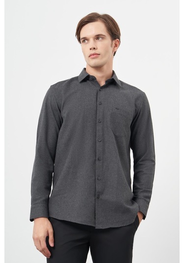 Siyah Uzun Kol Düz Gabardin Sert Yaka Cepli Pamuklu Classic Comfort Fit Gömlek 1004245168 Siyah