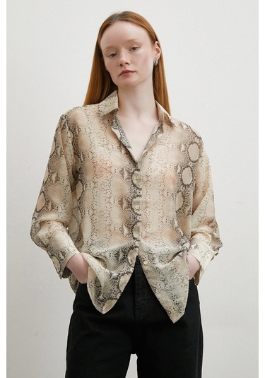 Yılan Derisi Desenli Tül Gömlek Bej Bej