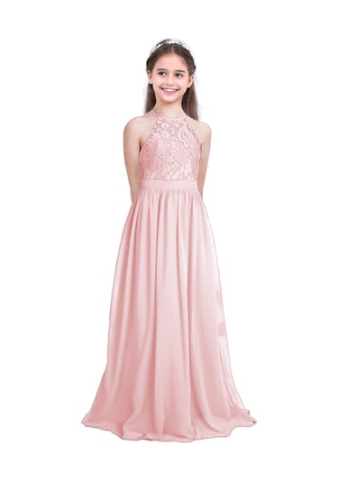 Pembe Çocuk Kız Dantel Şifon Elbise Yüksek Belli Doğum Günü Hediyesi Balo Balo Akşam Nedime Düğün Parti Elbise 14 - 16 Yaş Pembe