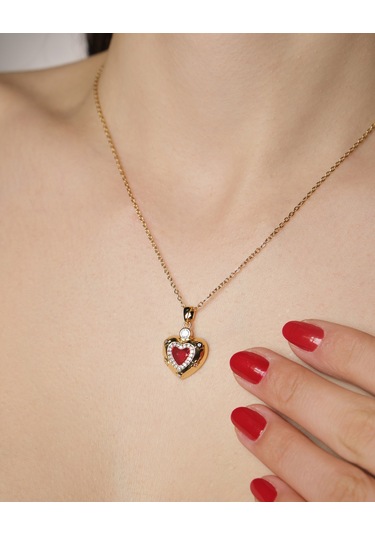 Lekka Design Kadın Kararmaz Çelik Takı Kırmızı Zirkon Taşlı Kalp Aşk Kolye Altın