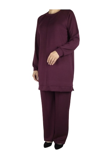 Kadın Tunik Önü Dikişli Altı Bantlı Pantolon Beli Lastikli Önü Dikişli İkili Takım Bordo