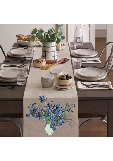 Vazoda İrisler Runner, Runer, Masa Örtüsü, Sofranıza Zarafet Katın Runner, Masa Örtüsü Krem