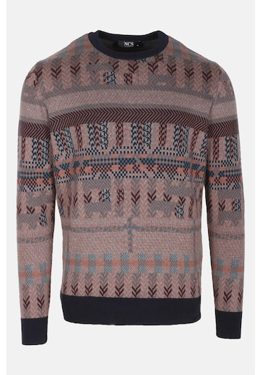 Erkek Triko Lacivert Bisiklet Yaka Desenli Slim Fit Pamuklu Kazak Ncs Jeans 3721 Lacivert