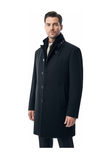 Erkek Slim Fit Kaşe Kaban Çıkarılabilir Ribanalı Fermuarlı Yaka, S Xxl Siyah