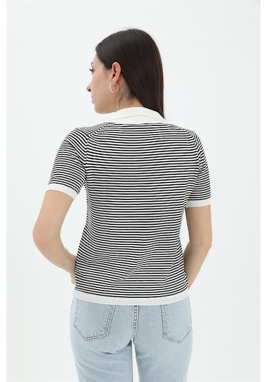 İnce Çizgili Polo Yaka Triko Kazak - Beyaz - Kadın Beyaz