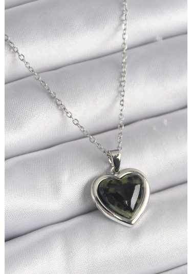 316l Çelik Gümüş Renk Yeşil Mineli Kalp Model Kadın Kolye